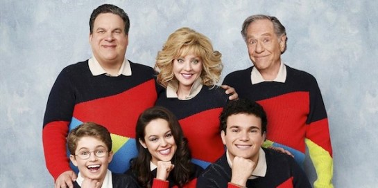 STANDING: JEFF GARLIN, WENDI MCLENDON-COVEY, GEORGE SEGAL;   SEATED: SEAN GIAMBRONE, HAYLEY ORRANTIA, TROY GENTILE